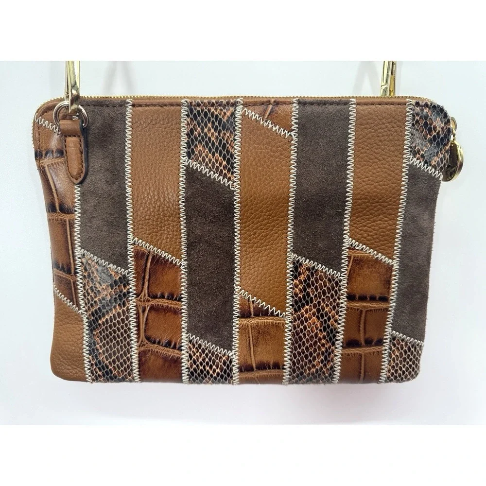 Genuine Leather Crossbody Bag Brown Medium Patchwork Snakeskin Boho Western